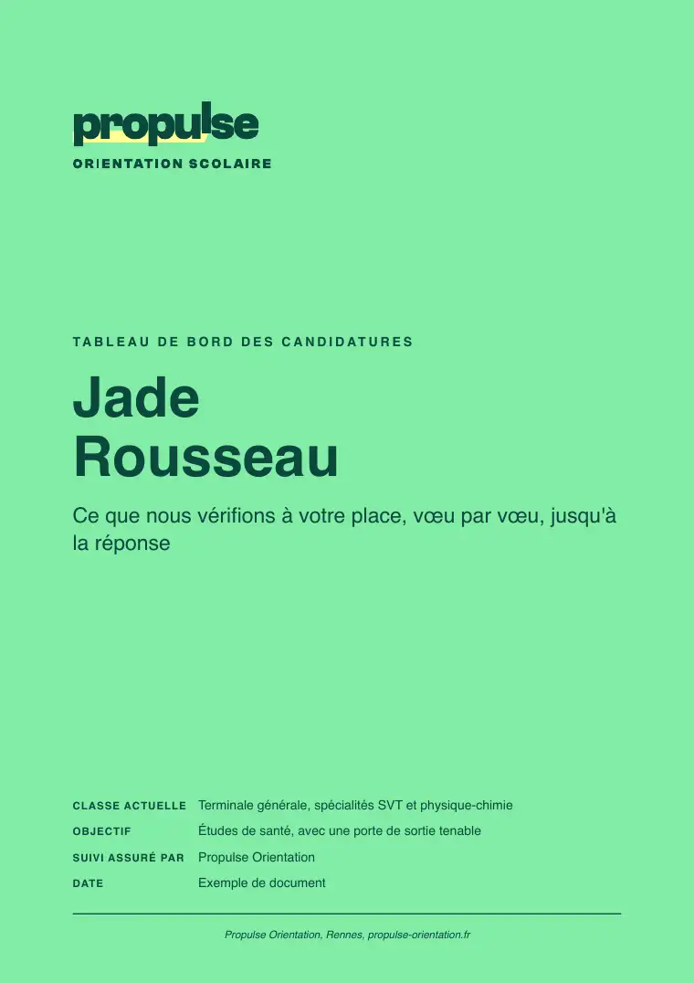 Couverture du tableau de bord des candidatures remis à la famille