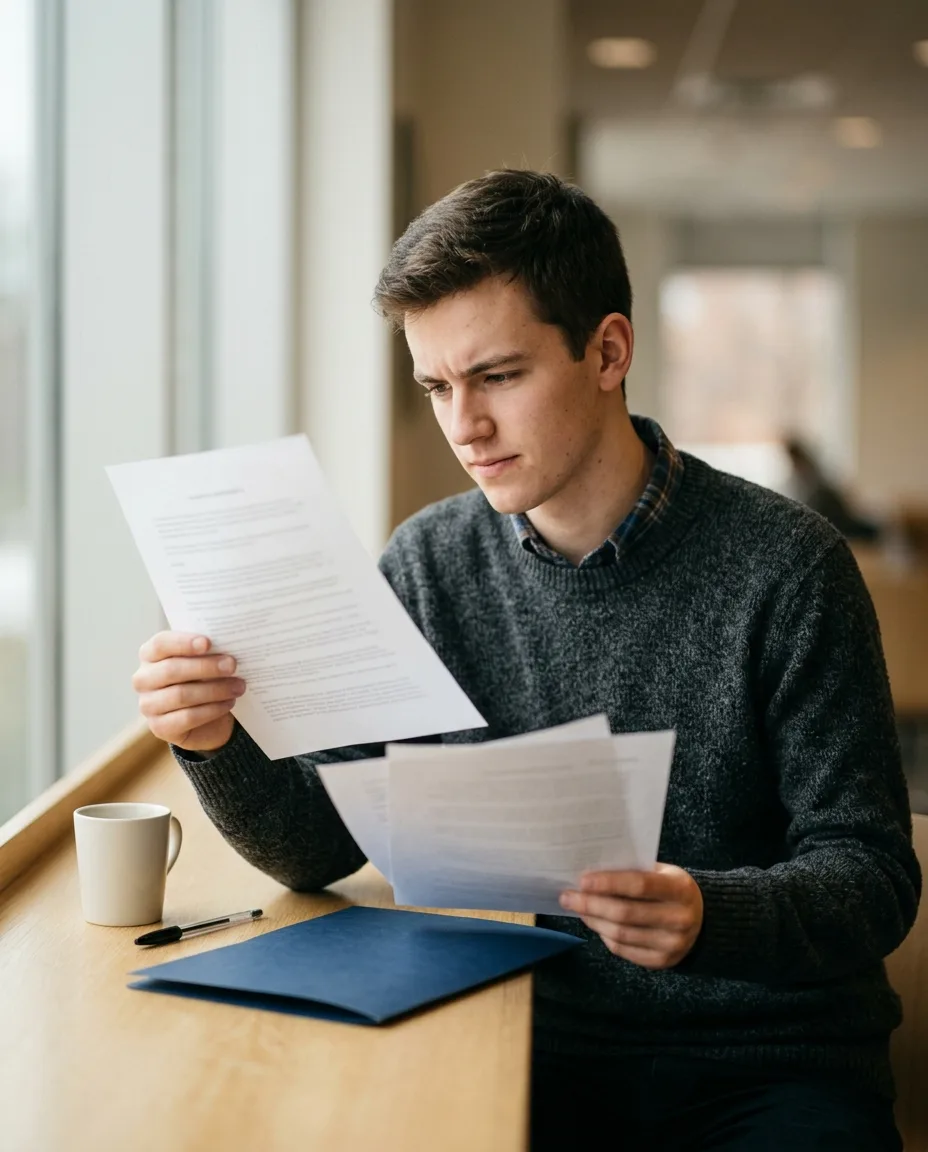 un étudiant compare les dossiers de candidature des écoles qu'il vise