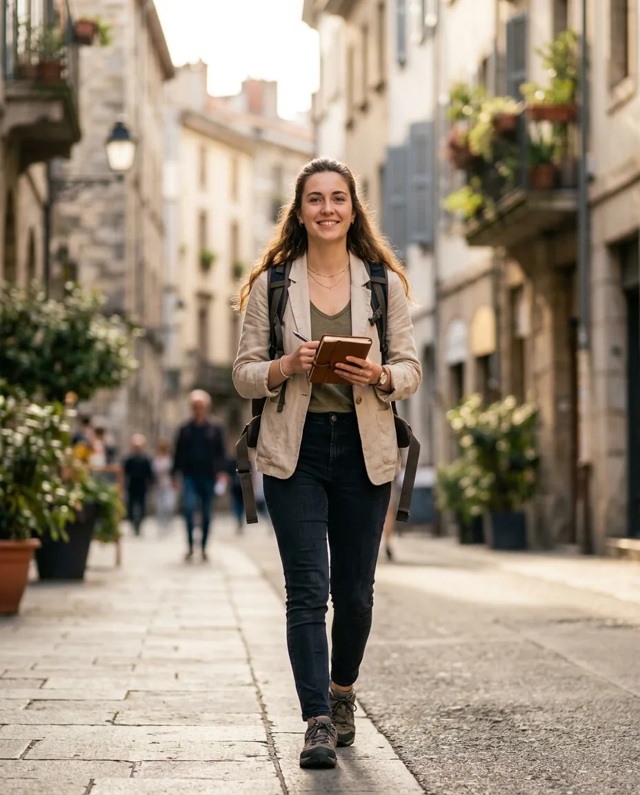 une étudiante en année de césure à l'étranger, sac à dos et carnet à la main