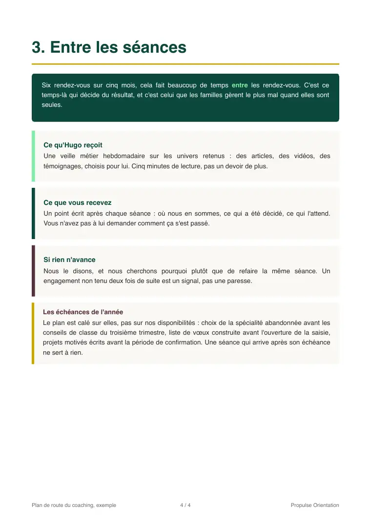 Page du plan de route présentant le suivi entre les séances et les échéances de l'année