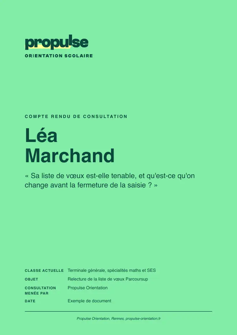 Couverture du compte rendu envoyé à la famille après la consultation