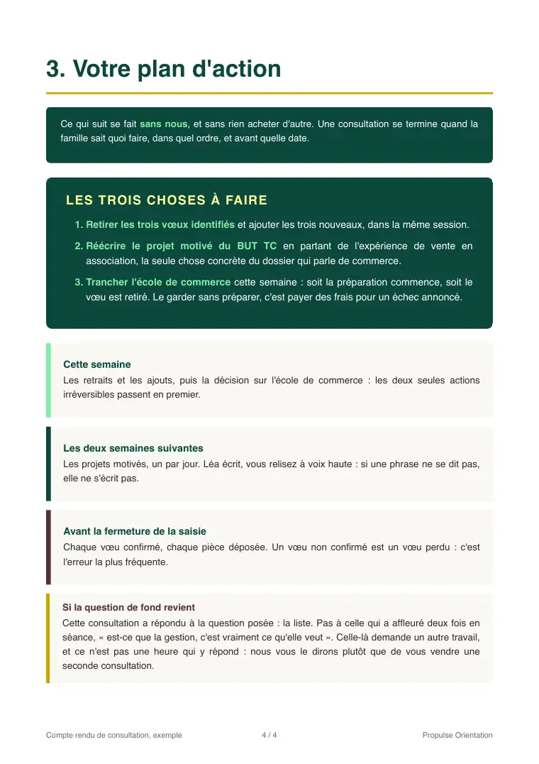 Page du compte rendu présentant le plan d'action et ses échéances