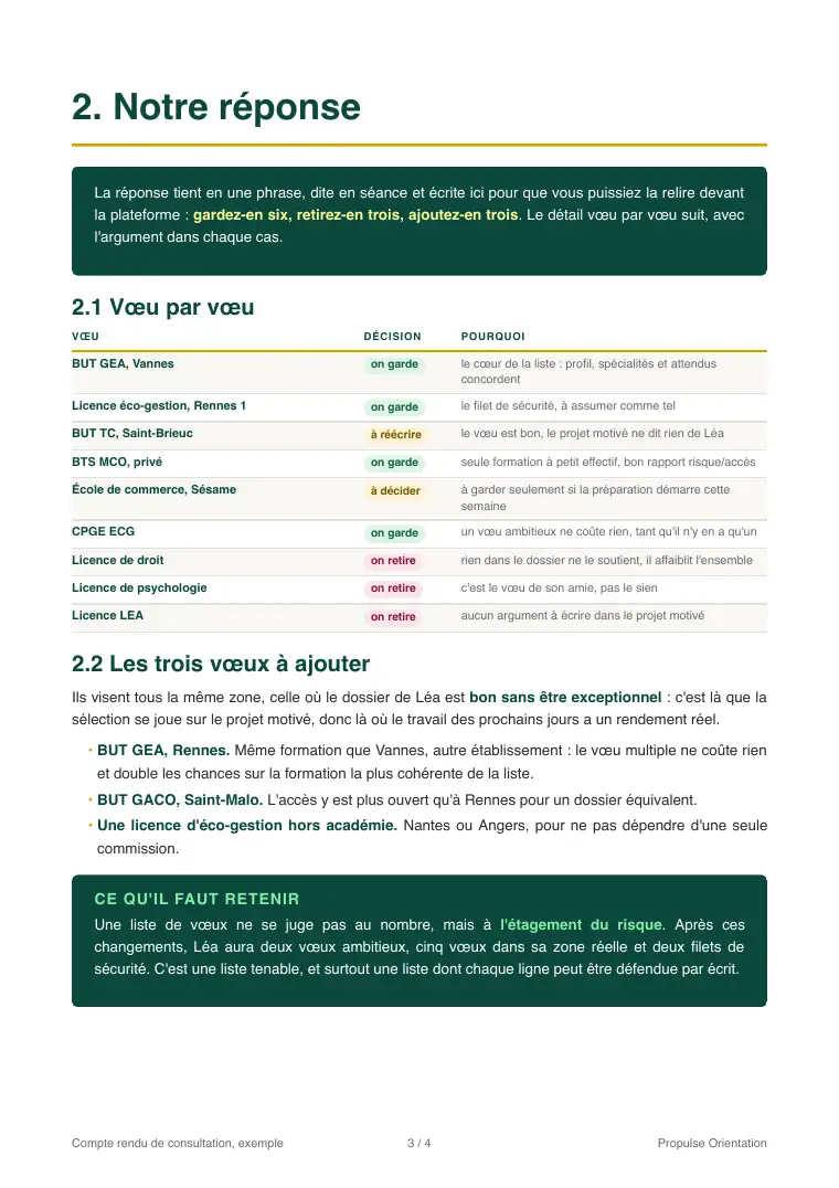 Page du compte rendu présentant l'arbitrage vœu par vœu de la liste Parcoursup