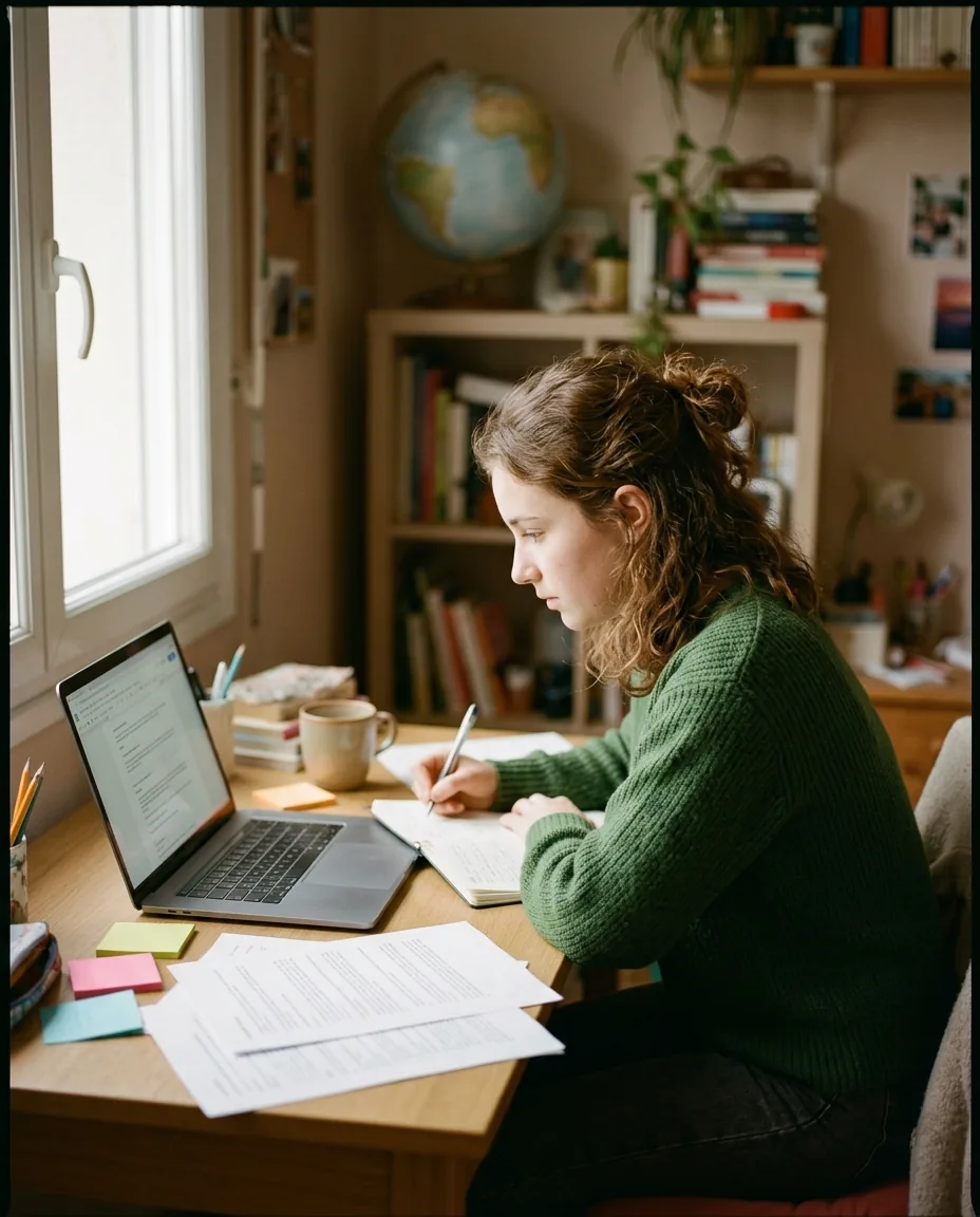 une lycéenne prépare ses candidatures pour étudier à l'étranger, à son bureau