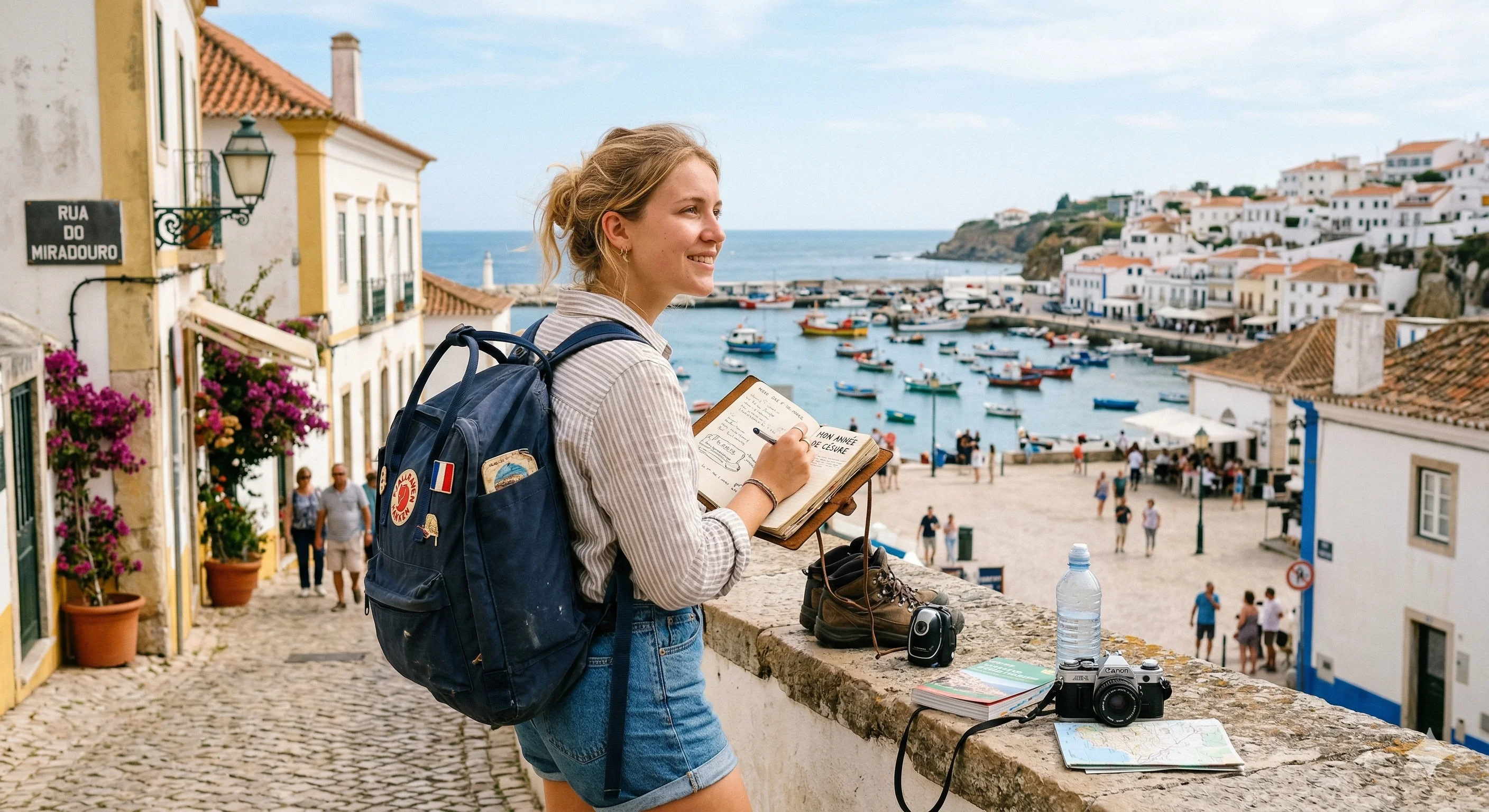 Étudiante en année de césure, carnet en main, devant un village côtier