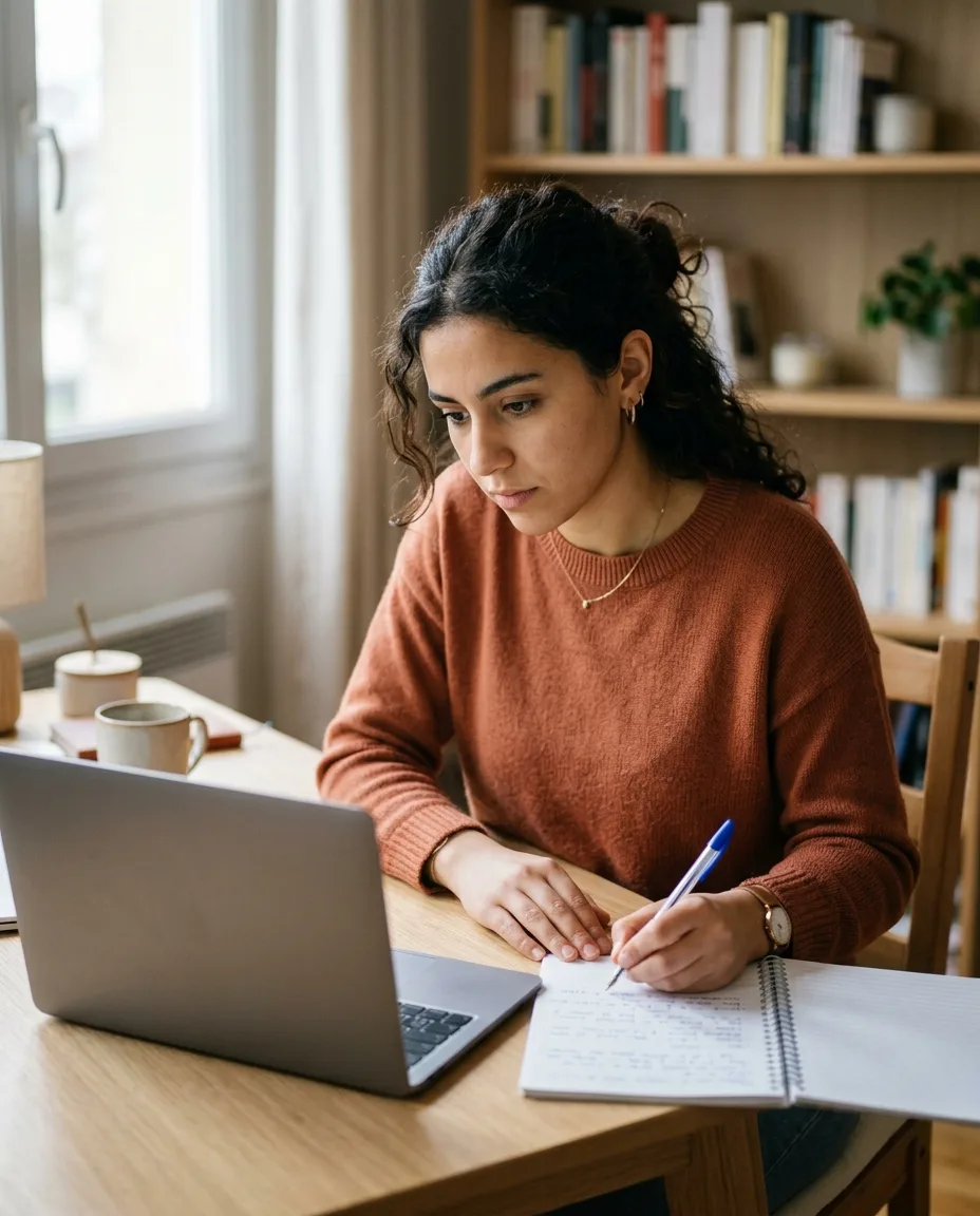 une étudiante en licence 3 prépare ses candidatures en master à son bureau