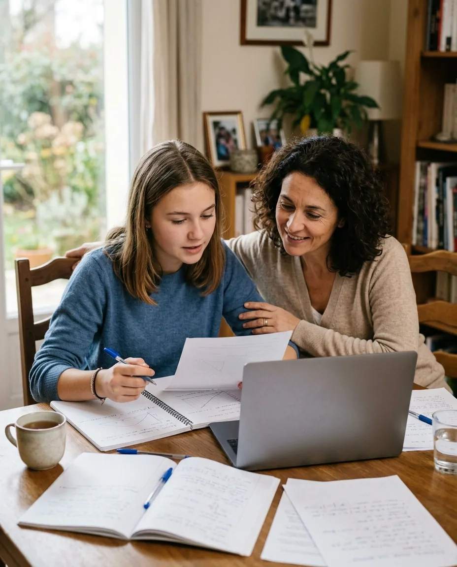 une lycéenne de terminale et sa mère comparent ses documents de candidature à la table de la maison