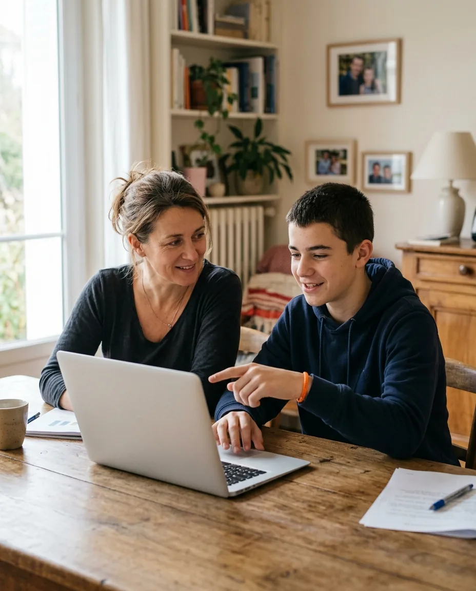 une mère et son fils lycéen regardent ensemble un ordinateur portable à la table de la maison
