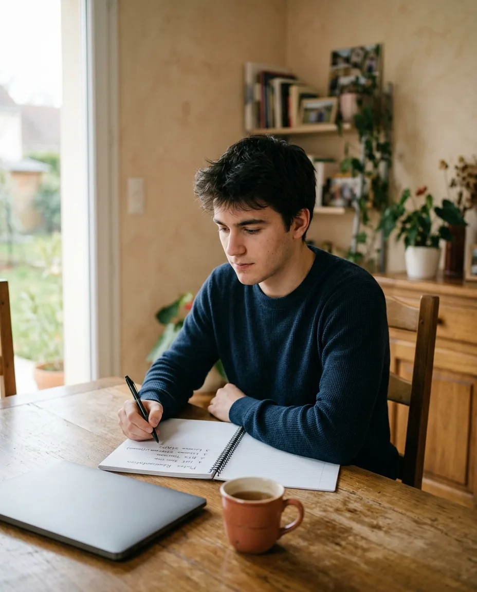 un étudiant en réorientation liste ses pistes dans un carnet, à la table de la maison